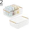 imagemDesign Metal Wire Storage Organizer Basket with Bamboo Wood Handles for Kitchen Pantry Rustic Farmhouse Bin to Store Fruit Coffee Spices Supplies 2 Pack Matte WhiteNaturalTan