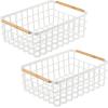 imagemDesign Metal Wire Storage Organizer Basket with Bamboo Wood Handles for Kitchen Pantry Rustic Farmhouse Bin to Store Fruit Coffee Spices Supplies 2 Pack Matte WhiteNaturalTan