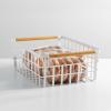 imagemDesign Metal Wire Storage Organizer Basket with Bamboo Wood Handles for Kitchen Pantry Rustic Farmhouse Bin to Store Fruit Coffee Spices Supplies 2 Pack Matte WhiteNaturalTan
