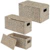 imagemDesign Woven Water Hyacinth Rectangle Storage Organizer Basket Bin with Topper Lid and Handles  Natural Farmhouse Holder Containers for Closet Bedroom Bathroom Office  Set of 3  Gray