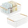 imagemDesign Metal Wire Storage Organizer Basket with Bamboo Wood Handles for Kitchen Pantry Rustic Farmhouse Bin to Store Fruit Coffee Spices Supplies 2 Pack Matte WhiteNaturalTan