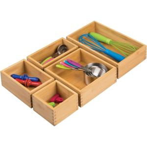 imagemDesign Bamboo Wood Kitchen Cabinet Drawer Organizer Tray Bins  Multipurpose  Use in Drawers on Countertops Shelves or in Pantry  Varied Sizes  Echo Collection  Set of 5  Natural