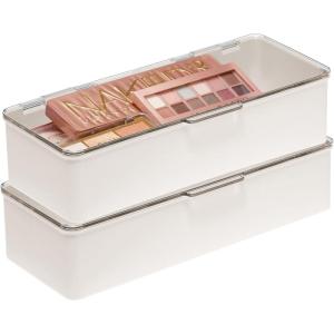 imagemDesign Long Plastic Cosmetic Storage Organizer Box Containers Hinged Lid for Bedroom Bathroom Vanity Shelf or Cabinet Holds Masks Palettes Lotion Nail Polish 2 Pack CreamBeigeClear