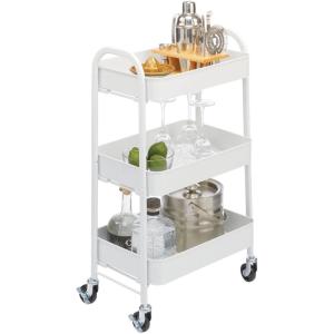 imagemDesign Metal 3Tier Rolling Utility Storage Carts  Organizer Trolley for Bathroom Kitchen Laundry Office and Kids Rooms  Heavy Duty Caddy with 4 Caster Wheels  Matte White
