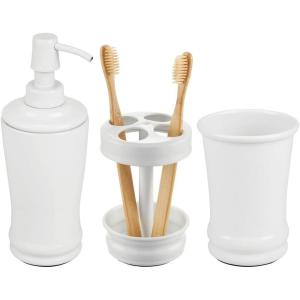 imagemDesign Metal Bathroom Vanity Countertop Accessory Set  Includes Refillable Soap Dispenser Divided Toothbrush Stand Tumbler Rinsing Cup Vivi Collection Set of 3 Matte White