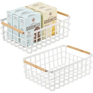 imagemDesign Metal Wire Storage Organizer Basket with Bamboo Wood Handles for Kitchen Pantry Rustic Farmhouse Bin to Store Fruit Coffee Spices Supplies 2 Pack Matte WhiteNaturalTan