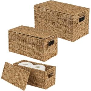 imagemDesign Natural Woven Seagrass Closet Storage Organizer Basket Bin with Removeable Lids to use in Closet Bedroom Bathroom Entryway Office  Set of 3  Natural Finish