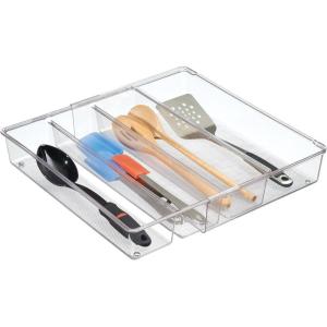 imagemDesign Plastic AdjustableExpandable Divided Drawer Storage Organizer with 4 Compartments for Kitchen Pantry Cupboard Cabinet Hold Silverware Utensils Cutlery  Ligne Collection  Clear