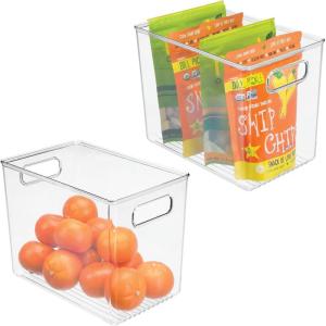 imagemDesign Plastic Deep Kitchen and Pantry Organizer Storage Bin with Handles for Cabinet Fridge Freezer  Food Storage Containers for Snacks Yogurt Pouches or Fruit Ligne Collection 2 Pack Clear