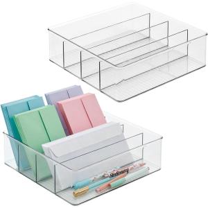 imagemDesign Plastic Divided Drawer Organizer Storage Bin for Home Office Desk Drawer Shelf Cabinet  4 Compartments 12quot Long 2 Pack  32 Adhesive Labels  Clear