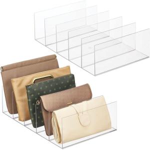 imagemDesign Plastic Divided Purse Organizer for Closets Bedrooms Dressers  Closet Shelf Storage Solution for Purses Clutches Wallets Accessories  5 Compartments  Lumiere Collection  2 Pack Clear