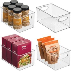 imagemDesign Plastic Kitchen Organizer  Storage Holder Bin with Handles for Pantry Cupboard Cabinet FridgeFreezer Shelves Counter  Holds Canned Food Snacks  Ligne Collection  4 Pack  Clear