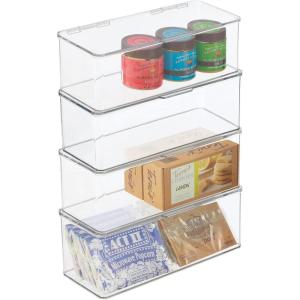 imagemDesign Plastic Kitchen Pantry and Fridge Storage Organizer Box Containers with Hinged Lid for Shelves or Cabinets Holds Food Snacks Canned Drinks Seasoning Condiments or Utensils 4 Pack Clear