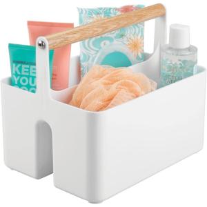 imagemDesign Plastic Portable Shower Caddy Divided Basket Bin Storage Organizer with Bamboo Handle for Bathroom Dorm Shelf ampamp Cabinet Holds Shampoo Conditioner  Aura Collection WhiteNaturalWhiteNatural