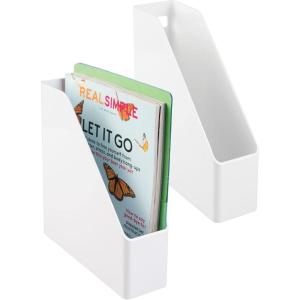 imagemDesign Plastic Slim Vertical File Folder Storage Organizer Bin with Handle  Hold Notebooks Binders Envelopes Magazines for Home Office Work Desktops Ligne Collection 2 Pack White