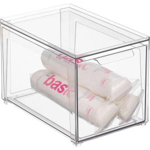 imagemDesign Plastic Stackable Bathroom Storage with Pull Out Bin Organizer Drawer for Cabinet Vanity Shelf Cupboard Cabinet or Closet Organization  Lumiere Collection  Clear