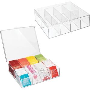 imagemDesign Plastic Stackable Tea Bag Storage Bin Organizer Box Holder with Lid for Kitchen Cabinets Countertops Pantry  Container Holds Beverage Bags Pods Packets  2 Pack Clear