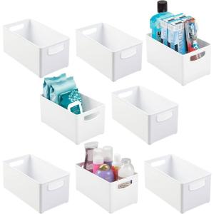 imagemDesign Plastic Storage Organizer Wide Container Bin with Handles for Bathroom Home Organization  Holds Vitamins Supplements Makeup Styling Tools  Ligne Collection  8 Pack  White