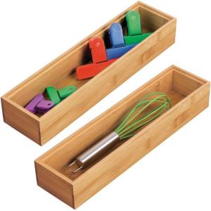 imagemDesign Slim Wooden Bamboo Drawer Organizer  12quot Long Stackable Storage Box Tray for Kitchen DrawersCabinet  Utensil Silverware Spatula Flatware Holder  Echo Collection 2 Pack Natural Wood7 6 cm x 30 5 cm x 5 1 cm