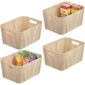 imagemDesign Wood Print Food Bin Box with Handles  Rustic Basket for Kitchen and Pantry Vegetable and Potato Storage  Perfect for Garlic Onions Fruit and More  16quot Long  4 Pack  White