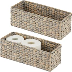 imagemDesign Woven Hyacinth Narrow Bathroom Toilet Roll Holder Storage Organizer Basket Bin  Rectangle Containers for Bathroom Toilet Tank  Hold 3 Rolls of Toilet Paper  2 Pack  Gray