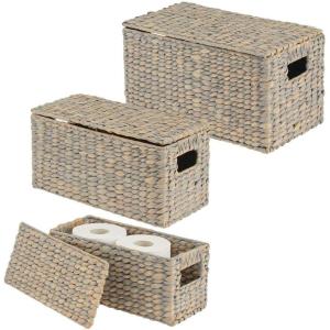 imagemDesign Woven Water Hyacinth Rectangle Storage Organizer Basket Bin with Topper Lid and Handles  Natural Farmhouse Holder Containers for Closet Bedroom Bathroom Office  Set of 3  Gray
