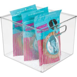imagemDesign Plastic Modern Storage Organizer Bin Basket with Handles for Kitchen Organization  Shelf Cubby Cabinet and Closet Organizing Decor  Ligne Collection  Clear