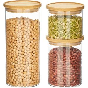imagemDesign Storage Glass Canister with Airtight Bamboo Lid  Kitchen Pantry Counter or Cabinet Container Holds Food Snacks Cooking or Baking Supplies Home Sort Collection Set of 3 ClearNatural