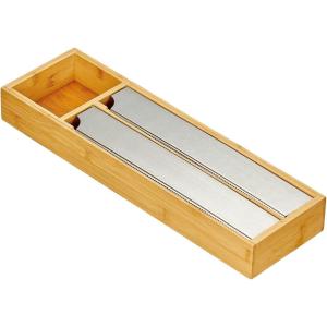 imagemDesign Bamboo Foil Parchment Paper and Plastic Cling Film Wrap Organizer and DispenserCutter for Kitchen Drawer  2 Roll StorageCutting Sections  Home Sort Collection  NaturalSilver