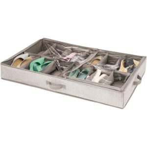imagemDesign Fabric Under The Bed Shoe Storage Organizer Containers Bins for Mens Womens Kids Sneakers Flats Sandals Shoes  12 Compartments  Textured Print  LinenTan