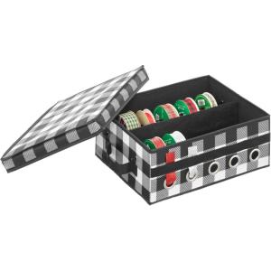 imagemDesign GiftWrapping Ribbon Storage Box with Handles  Holiday Bow Organizer Container with Lid  Christmas Giftwrap Ribbon Holder  Gift Storage Tote Bin and Bow Station Buffalo Plaid BlackWhite