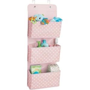 imagemDesign Hanging Wardrobe Organiser  ThreePocket Bedroom Storage Solution for Shoes Clothes and Linens  Hanging Shelves Made of Synthetic Fabric with Polka Dot Pattern  PinkWhite