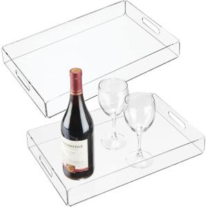 imagemDesign Large Modern Acrylic Rectangular Decorative Kitchen Serving Tray with BuiltIn Handles  Serve Food Tea Coffee Breakfast Snacks Cheese Appetizers and Drinks  2 Pack  Clear