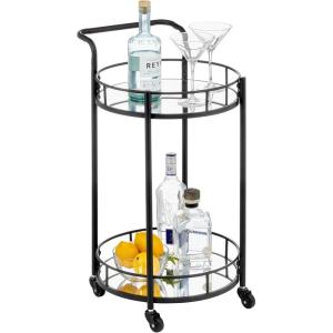 imagemDesign Metal Vintage Round Beverage Rolling Cart for Home  2Tier Serving Bar Trolley with EasyGlide Rotating Wheels Builtin Handle and Glass Shelves for Wine and Craft Beer  Black