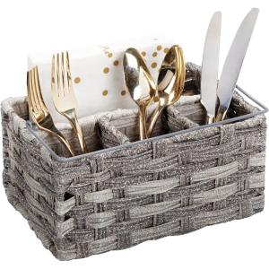 imagemDesign Plastic Woven Divided Cutlery Storage Organizer Caddy Tote  Basket Holder for Kitchen Table Cabinet Pantry  Holds Silverware Forks Knives Spoons Napkins and other Utensils  GrayGray