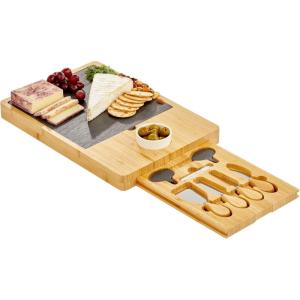 imagemDesign Serving Charcuterie BoardsAccessories  Wood and Slate Appetizer Holder Board with Cheese Knife Set Ceramic Bowl Chalk Pencils and Label Flags  Natural Wood