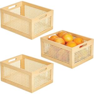 imagemDesign Small Decorative Wooden Crate Storage Box Rustic Pine Wood Organizer Bin Basket w BuiltIn Handles for Kitchen Pantry Cupboard Cabinet  Home Sort Collection  3 Pack  Natural Pine