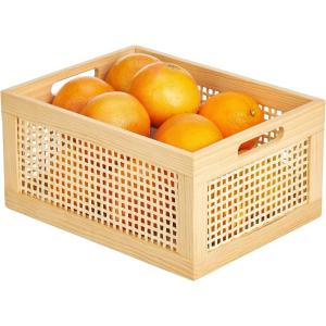 imagemDesign Small Decorative Wooden Crate Storage Box Rustic Pine Wood Organizer Bin Basket wBuiltIn Handles for Kitchen Pantry Cupboard Cabinet or Counter  Home Sort Collection  Natural Pine
