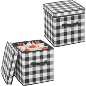 imagemDesign Square GiftWrap and Ornament Storage Box with Handles Holder Container for Christmas or Holiday Decorations  Removable Lid Closet or Cubby Storage Totes Buffalo Plaid 2 Pack BlackWhite