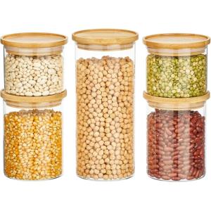 imagemDesign Storage Glass Canister with Airtight Bamboo Lid  Kitchen Pantry Counter or Cabinet Container Holds Food Snacks Cooking or Baking Supplies Home Sort Collection Set of 5 ClearNatural