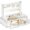 imagemDesign Plastic Jewelry Organizer Storage Station 1 Drawer 6 Ring Holders Tray for Dressing Table Cosmetic Station Dresser Bathroom Vanity Countertop Holds Earrings Watches Bracelets Clear
