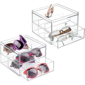 imagemDesign 2 pc Set Stackable Eyeglass Organizer Holder for Sunglasses Eyeglasses Reading Glasses  2 Divided Drawers Clear