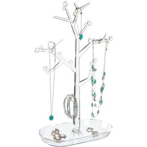 imagemDesign Decorative Plastic Fashion Jewelry Accessory Organizer Tower with Hooks and Storage Tray  Holds and Displays Necklaces Chokers Bracelets Rings Earrings  Tree Stand Design  Clear