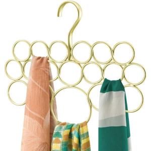 imagemDesign Metal Vertical Hanging Scarf Holder Organizer  Closet Rod Storage Hangers for Scarves Purse Tie Accessories  18 Ring Loop Compartment Organizers Spira Collection  GoldBrass