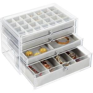 imagemDesign Plastic 4Drawer Jewelry Box  Removable Divided Organizer Trays for Storage on Dresser Vanity Countertop  Holds Earrings Bracelets Necklaces Bangles Rings  ClearGray
