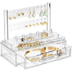 imagemDesign Plastic Jewelry Organizer Storage Station 1 Drawer 6 Ring Holders Tray for Dressing Table Cosmetic Station Dresser Bathroom Vanity Countertop  Holds Earrings Watches Bracelets  Clear