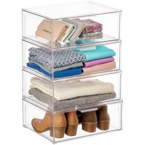 imagemDesign Plastic Stackable Closet Storage Organizer Bin Containers with Front Pull Drawer for Cabinet Desk Shelf Cupboard or Dresser Organization  Lumiere Collection  4 Pack  Clear