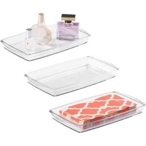 imagemDesign Plastic Storage Organizer Tray for Bathroom Vanity Countertops Closets Dressers  Holder for Guest Hand Towels Watches Earrings Makeup Brushes Reading Glasses Perfume  3 Pack  Clear