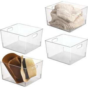 imagemDesign Plastic Storage Organizer Container Bin Closet Organization for Hallway Bedroom Linen Coat and Entryway  Holds Clothing Blankets and Accessories Ligne Collection 4 Pack Clear