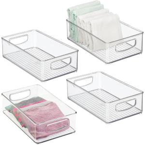 imagemDesign Small Plastic Storage Organizer Container Bin Closet Organization for Hallway Bedroom Linen Coat Entryway  Holds Clothing Blankets Accessories Toys  Ligne Collection 4 Pack Clear